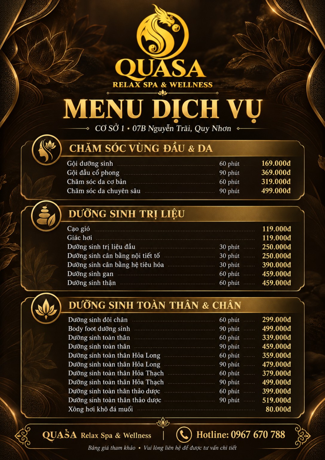 Bảng giá dịch vụ QUASA cơ sở 1 - 07B Nguyễn Trãi